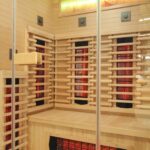 2 Person Indoor Infrared Sauna - HotBox 2 Canadian Hemlock - Himalayan salt brick feature wall