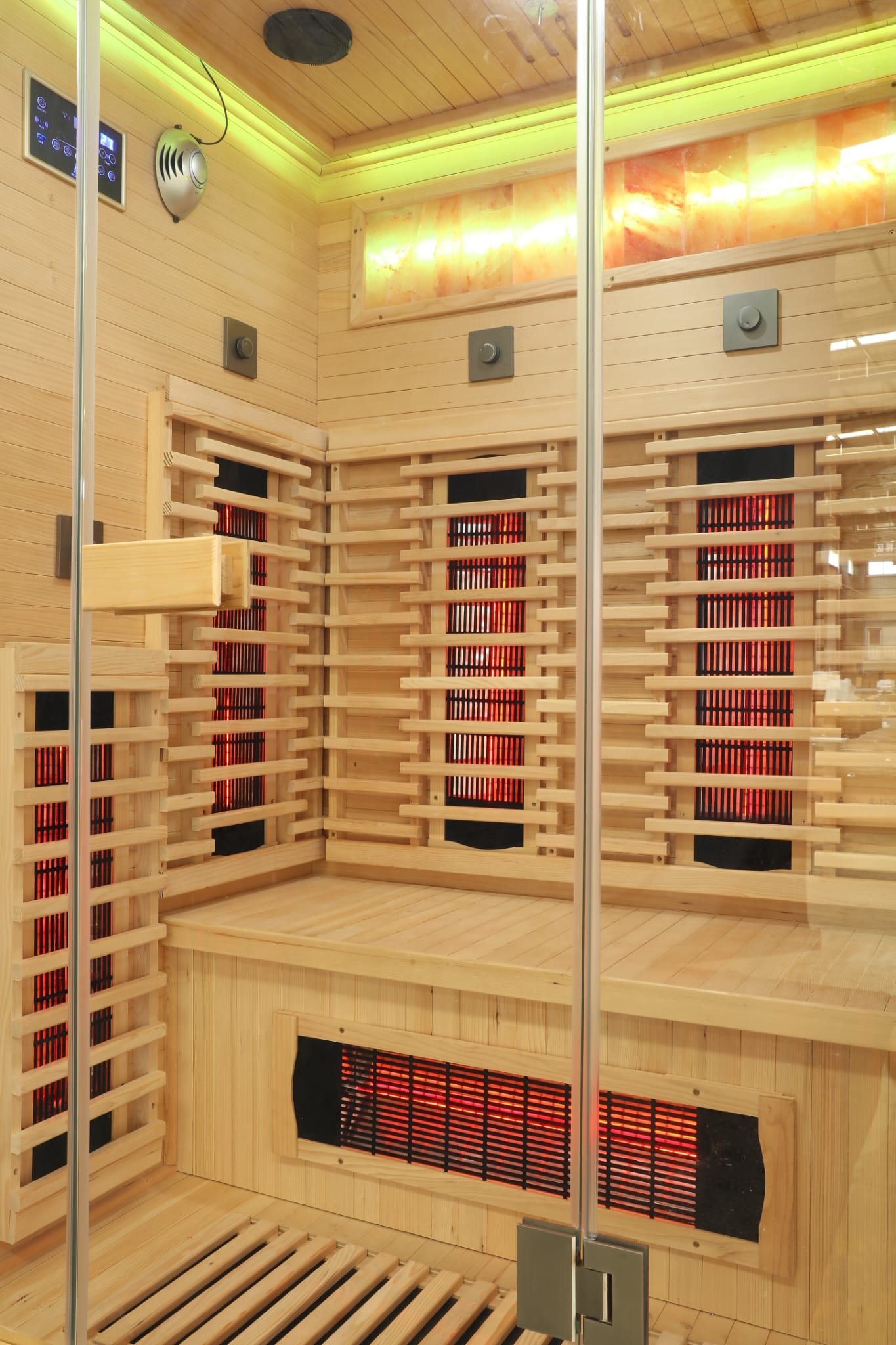 2 Person Indoor Infrared Sauna - HotBox 2 Canadian Hemlock - Himalayan salt brick feature wall