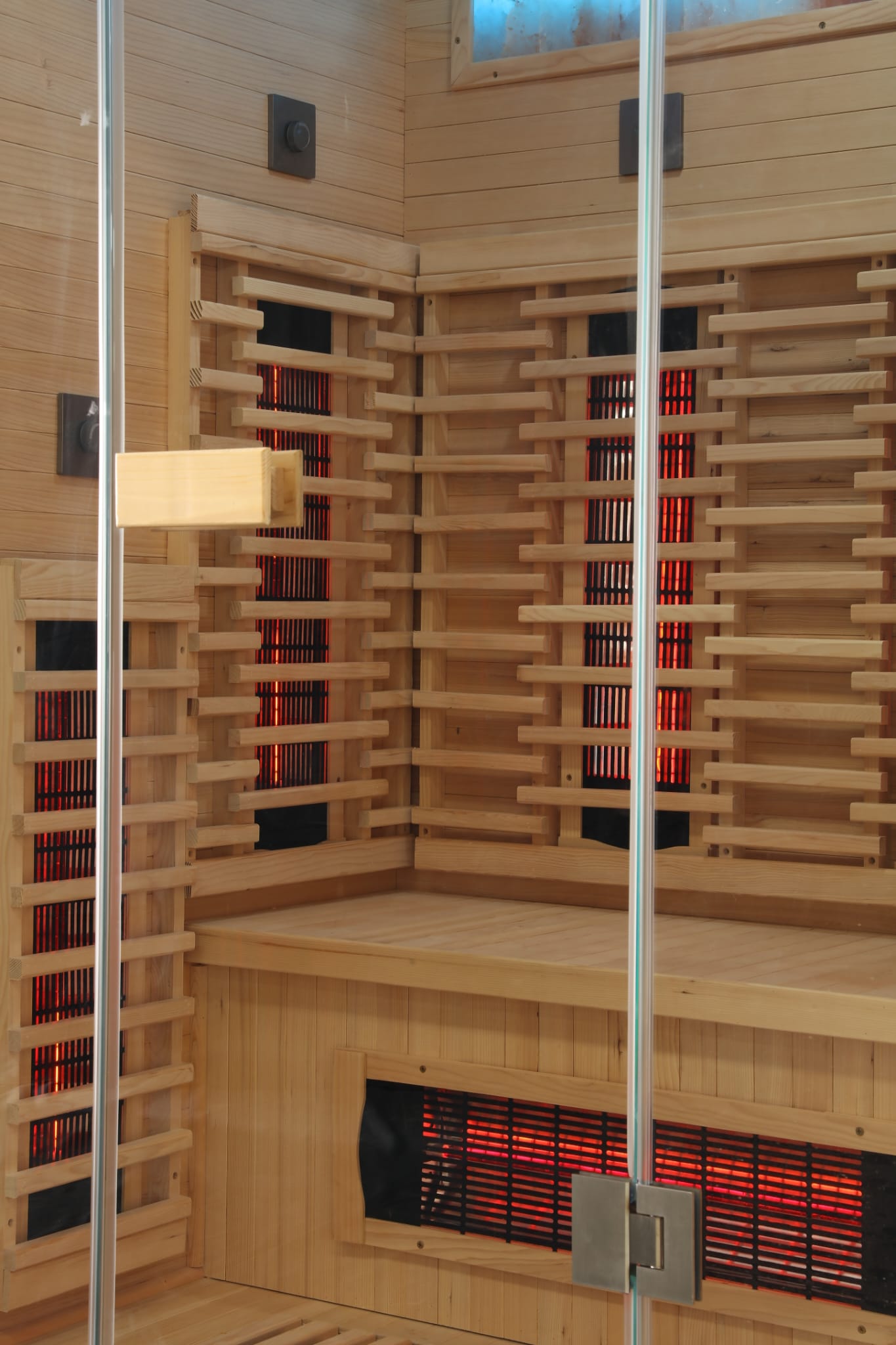2 Person Indoor Infrared Sauna - HotBox 2 Canadian Hemlock - glass door and frame