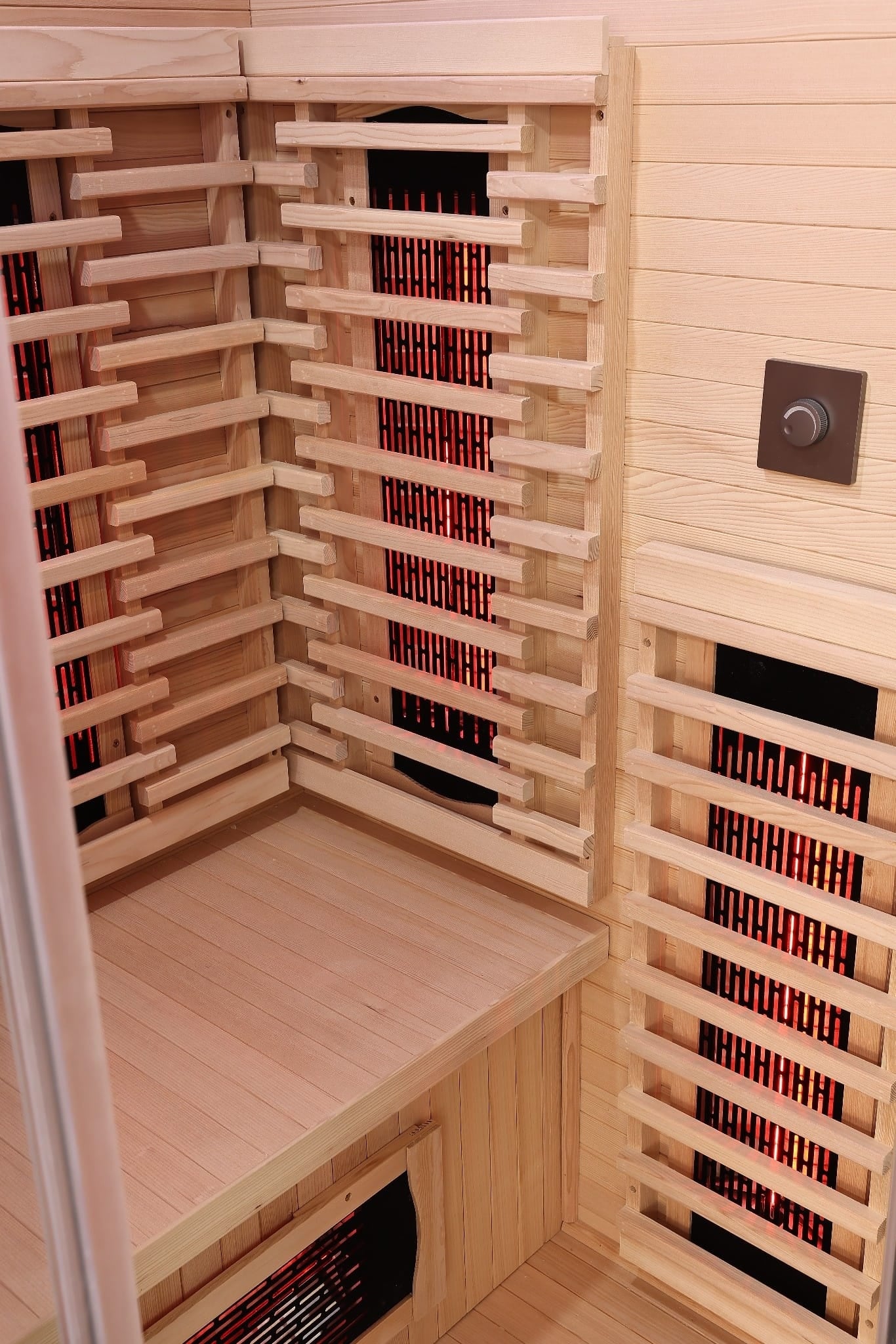 2 Person Black Indoor Infrared Sauna - HotBox 2 Black - Himalayan salt brick feature wall